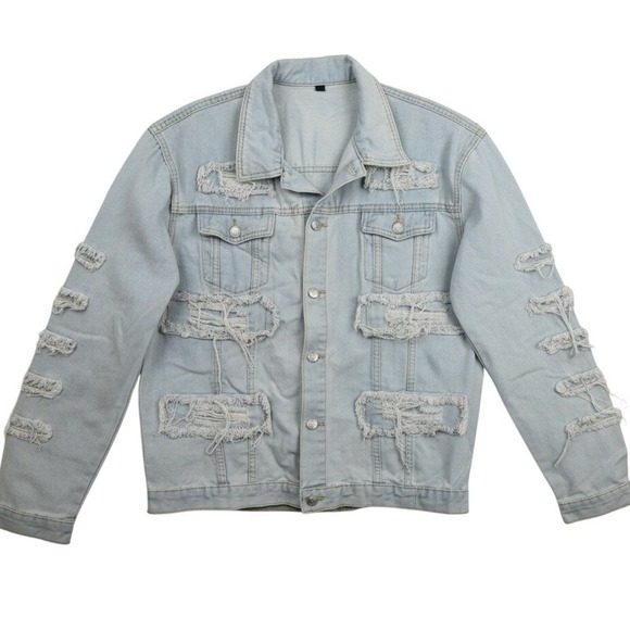 Unbranded Jackets & Blazers - Distressed Denim Trucker Jacket Mens XL Light Blue Ripped Frayed Streetwear